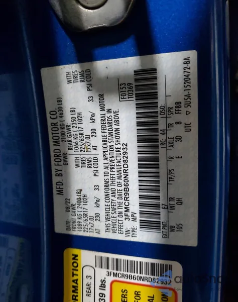 2022 Ford Bronco Sport Big Bend из США, поврежденный, VIN 3FMCR9B60NRD82932